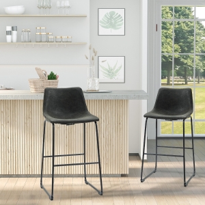 HOMCOM Counter Height Bar Stools Set of 2, Vintage PU Leather Barstools with Footrest for Dining Room, Home Bar, Kitchen, Dark Grey