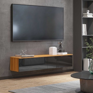 HOMCOM Floating TV Stand Cabinet for TVs up to 70" with High Gloss Effect, Wall Mounted Entertainment Unit with Storage Cupboards, Brown and Black
