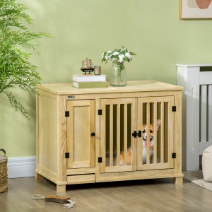 PawHut Wooden Dog Crate Furniture with Cushion, Dog Kennel End Table with Drawer Bowl Storage for Small Dogs, Natural