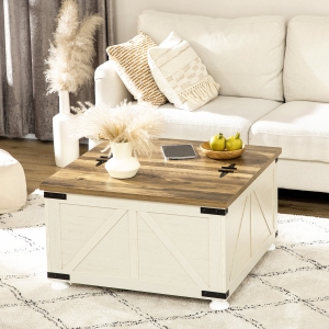 HOMCOM Farmhouse Coffee Table, Square Center Table with Flip-top Lids, Hidden Storage Compartment and Wooden Legs Antique White
