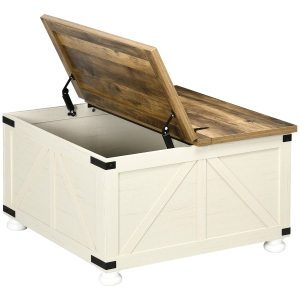 HOMCOM Farmhouse Coffee Table, Square Center Table with Flip-top Lids, Hidden Storage Compartment and Wooden Legs Antique, White