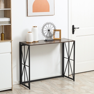 HOMCOM Foldable Console Table, Industrial Sofa Table, Narrow Farmhouse Table with Metal Frame for Living Room, Entryway, Foyer, Brown