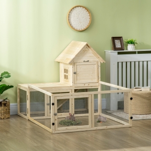 PawHut 60" Wooden Rabbit Hutch with Extra Fenced Area, 2 Tier Indoor Pet Playpen, Bunny House Enclosure with Slide-out Tray, Ramp, for Rabbits and Small Animals, Natural