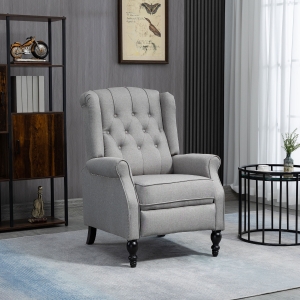 HOMCOM Manual Reclining Sofa, Fabric Push Back Recliner Chair with Button Tufted Backrest, Nail Head Trim, Armrest, Light Gray