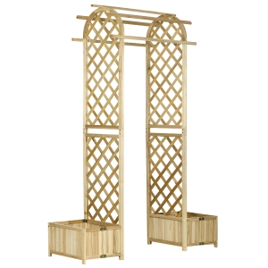Outsunny 7.5FT Garden Arch Trellis with Foldeable Planter Boxes for Climbing Vines, Outdoor Wooden Garden Arbor for Ceremony Party Weddings, Natural