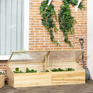 Outsunny Wooden Cold Frame with Openable Roof, Portable Mini Greenhouse Raised Planters Bed Protection for Indoor, Outdoor, Flowers, Vegetables, Plants, 66.9" x 19.7" x 17.7", Natural