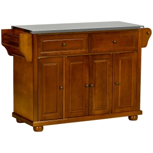 HOMCOM Kitchen Island Table with Stainless Steel Top 2 Drawers 3 Cabinets Spice and Towel Rack Red Brown
