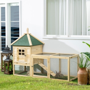 PawHut 68" Wooden Rabbit Hutch, Pet Playpen with 3 Doors, Bunny House Enclosure with Slide-out Tray, Ramp, for Rabbits and Small Animals, Natural