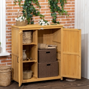 Outsunny Outdoor Storage Cabinet & Potting Table, Wooden Gardening Bench with Patio Cabinet and Magnetic Doors