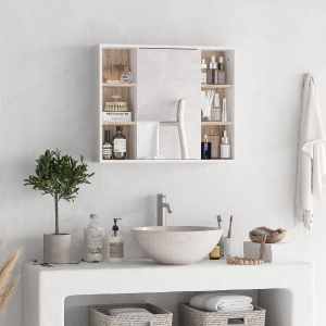 HOMCOM Wall-Mounted Bathroom Medicine Cabinet with Mirror, Over Toilet Bathroom Vanity Cabinet White & Oak