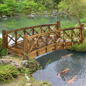 Outsunny 4FT Wooden Garden Bridge, Arc Footbridge with Safety Rails, Outdoor Decorative Landscaping for Pond Backyard Stream, Stained Wood