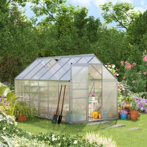 Outsunny 12' x 6' Aluminum Greenhouse Polycarbonate Walk-in Garden Greenhouse Kit with Adjustable Roof Vent, Rain Gutter and Sliding Door for Winter, Silver