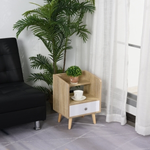 HOMCOM Bedside Table with 2-tier Shelf and Drawer, Side End Table with Storage for Living Room, Bedroom, Natural