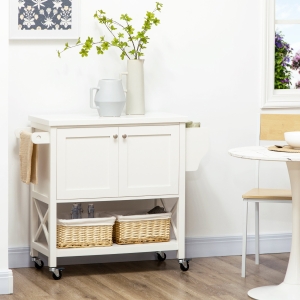 HOMCOM Rolling Kitchen Island Cart with Rubber Wood Top, Towel Rack, Spice Rack and Storage Cabinet, White