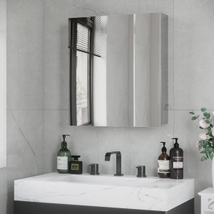 kleankin Wall Mounted Medicine Cabinet with Mirror Wall Mirror Cabinet with Hinged Doors 3-Tier Storage Shelves Silver