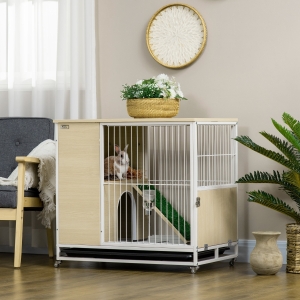 PawHut Indoor Rabbit Hutch Furniture with Wheels, Bunny Cage Side Table with Removable Tray, Water Bottle, Top Access, Oak, 31" x 21" x 30"