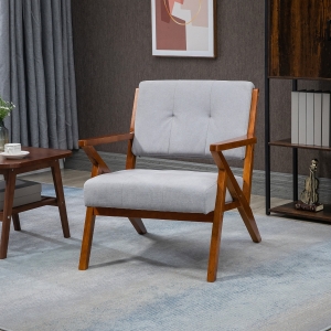 HOMCOM Armchair with Removable Seat and Back Cushion for Bedroom Tufted Living Room Chair with Faux Leather and Wood Legs Grey