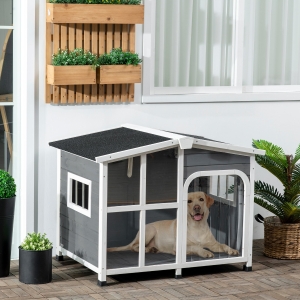 PawHut Wooden Dog House Outdoor with Removable Bottom, Cabin Style Raised Pet Kennel, with Openable Asphalt Roof, Door Curtain, Side Windows for Large Sized Dog, 88 Lbs., Dark Gray