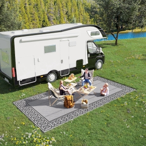Outsunny Portable Outdoor Rug with Carry Bag, 9' x 18' Reversible Mat, Waterproof Plastic Straw RV Rug for Backyard, Deck, Picnic, Beach, Camping, Black and Gray