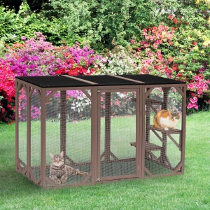 PawHut Cat Cage Indoor Outdoor Wooden Enclosure Pet House Small Animal Hutch for Rabbit, Dogs, Kitten, Crate Kennel with Waterproof Roof, Multi-Level Platforms, Lock, Camel