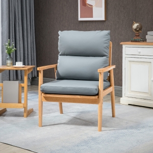 HOMCOM Armchair with Removable Seat and Back Cushion for Bedroom Living Room Chair with Faux Leather and Wood Legs Grey