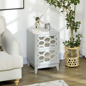 HOMCOM Modern Bedside Table, Side End Table with Drawers and Front Mirror, 15.4"x14.4"x23.6", Gray