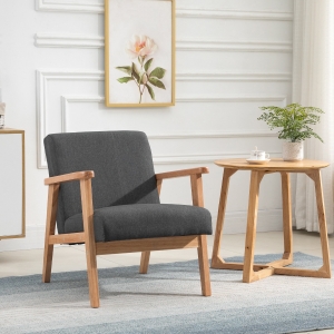 HOMCOM Mid Century Modern Accent Chair, Retro Fabric Armchair, Wooden Arm Upholstered Linen Lounge Chair for Living Room, Grey