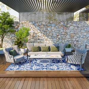 Outsunny Portable Outdoor Rug with Carry Bag, 9' x 12' Reversible Mat, Waterproof Plastic Straw RV Rug for Backyard, Deck, Picnic, Beach, Camping, Blue & White Flower