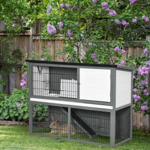 PawHut 48x20x36 Inch Wooden Rabbit Hutch Backyard Bunny Cage Small Animal House w/ Outdoor Run, Grey