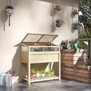 Outsunny Raised Garden Bed, Outdoor Wooden & PVC Elevated Planter Box with Cold Frame Greenhouse and Storage Shelf, Natural
