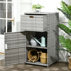 Outsunny Patio Storage Cabinet, Outdoor Towel Rack for Pool, Waterproof PE Rattan Wicker, Hot Tub Accessory, with Basket Drawer, Mixed Gray