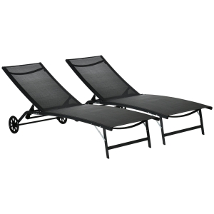 Outsunny Patio Chaise Lounge Chair Set of 2, 2 Piece Outdoor Recliner with Wheels, 5 Level Adjustable Backrest for Garden, Deck & Poolside, Black