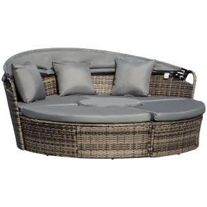 Outsunny 4-Piece Rattan Patio Furniture Set, Round Convertible Daybed or Sunbed with Adjustable Sun Canopy, Sectional Sofa, 2 Chairs, Table, 3 Pillows, Gray