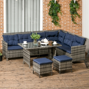 Outsunny 6pcs Outdoor Rattan Sofa Set Garden Wicker Sectional Couch Furniture Set with Dining Table and Chair Dark Blue