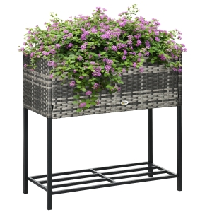Outsunny Raised Garden Bed, Steel Planter Box with legs, Rattan Wicker Look, Tool Storage Shelf, Portable Design for Herbs, Vegetables, Flowers, Gray