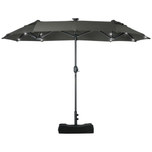 Outsunny Double-sided Patio Umbrella with Solar Lights and Sandbag Base, Outdoor Table Umbrella with Push Button Tilt, Crank, 2 Vent for Garden, Deck, Pool, Gray