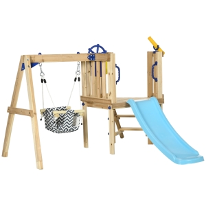 Outsunny 3 in 1 Wooden Swing Set with Slide, Baby Swing Seat, Fort, Wheel, Telescope, Mailbox, 1.5-4 Years Old, for Playground Backyard Gym, 67"x79"x46.5"