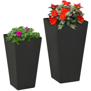 Outsunny 2-Pack Outdoor Planter Set, MgO Flower Pots with Drainage Holes, Durable & Stackable, for Entryway, Patio, Yard, Garden, Black