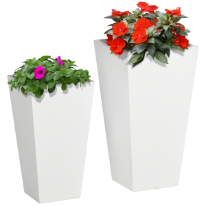 Outsunny 2-Pack Outdoor Planter Set, MgO Flower Pots with Drainage Holes, Durable & Stackable, for Entryway, Patio, Yard, Garden, White