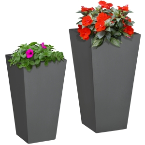 Outsunny 2-Pack Outdoor Planter Set, MgO Flower Pots with Drainage Holes, Durable & Stackable, for Entryway, Patio, Yard, Garden, Gray