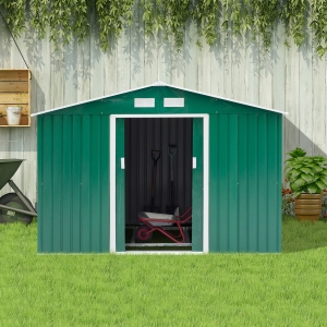 Outsunny 9.1' x 6.4' x 6.3 Garden Storage Shed w/Floor Foundation Outdoor Patio Yard Metal Tool Storage House w/ Double Doors Green