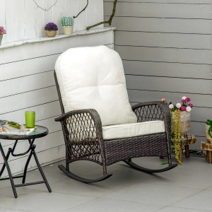 Outsunny Rattan Rocking Chair, Outdoor Wicker Patio Rocker Chair Furniture with Thick Cushions, for Garden Backyard Porch, Cream White