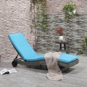 Outsunny Outdoor Adjustable Wicker Chaise Lounge Chair with Cushion & Wheels for Patio, Deck, Poolside, Sky Blue