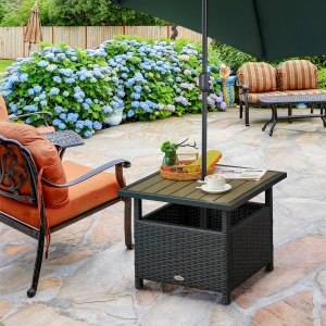 Outsunny 22" Square Steel PE Rattan Wicker Table With Umbrella Hole, Outdoor Patio Accent Dining Side Table Used as Umbrella Stand, Black