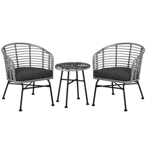Outsunny 3 Piece Patio Bistro Set, PE Rattan with Cushioned Barrel Chairs & Glass Coffee Table, Conversation Set, Mixed Gray