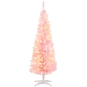HOMCOM 5ft Pencil Christmas Tree, Slim Artificial Christmas Tree with Realistic Branches and Warm White LED Lights, Pink