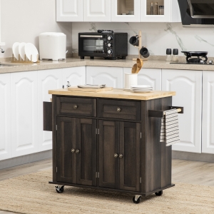 HOMCOM Kitchen Island with Storage, Rolling Trolley Cart with Rubber Wood Top, Spice Rack, Towel Rack, Brown Oak