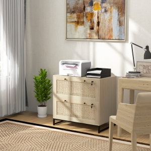Vinsetto 2-Drawer Filing Cabinet with Lock, Rattan File Cabinet with Adjustable Hanging Bar, Natural