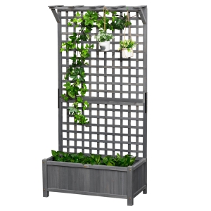 Outsunny Wood Planter with Trellis for Vine Climbing, Raised Garden Bed, Privacy Screen for Backyard, Patio, Dark Gray