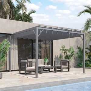 Outsunny 9.5' x 9.7' Outdoor Pergola with Retractable Roof, Aluminium Louvered Pergola Canopy Gazebo for Lawn Garden Patio, Grey